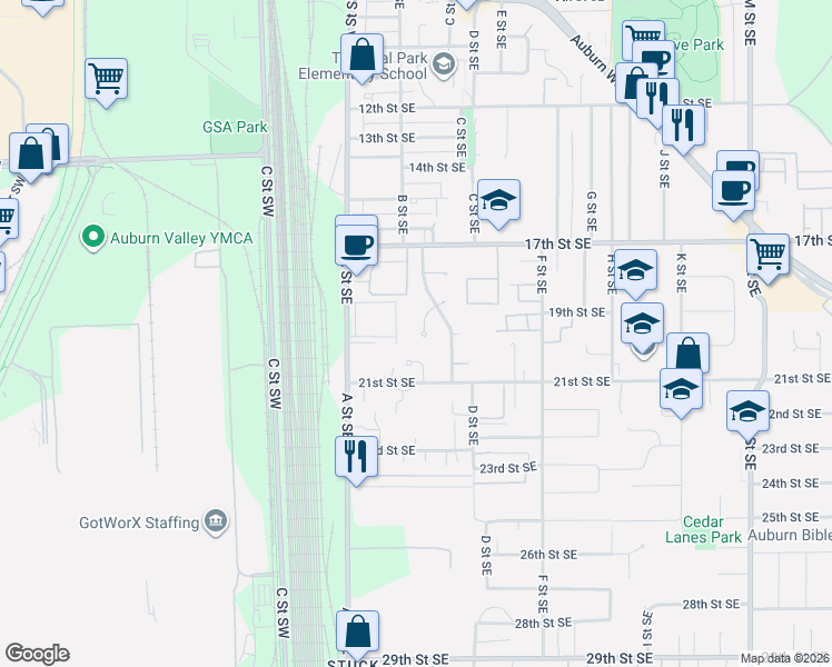 map of restaurants, bars, coffee shops, grocery stores, and more near 1815 C Street Southeast in Auburn
