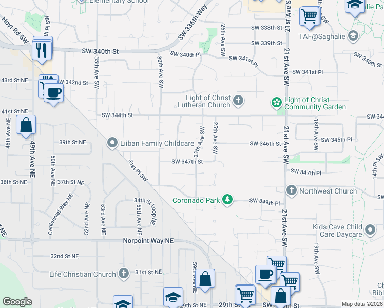 map of restaurants, bars, coffee shops, grocery stores, and more near 2701 Southwest 345th Court in Federal Way
