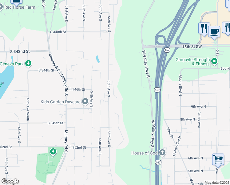 map of restaurants, bars, coffee shops, grocery stores, and more near 34580 57th Avenue South in Auburn