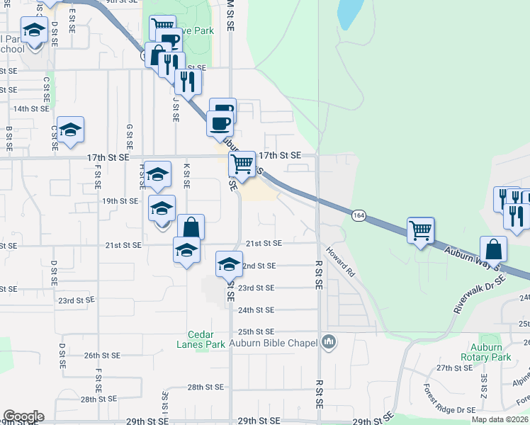 map of restaurants, bars, coffee shops, grocery stores, and more near 1885 Howard Road in Auburn