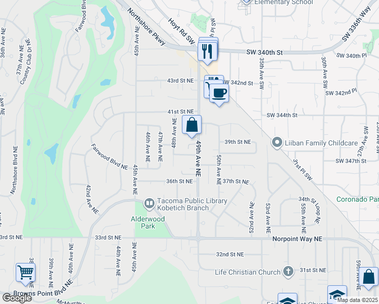 map of restaurants, bars, coffee shops, grocery stores, and more near 3907 48th Avenue Northeast in Tacoma