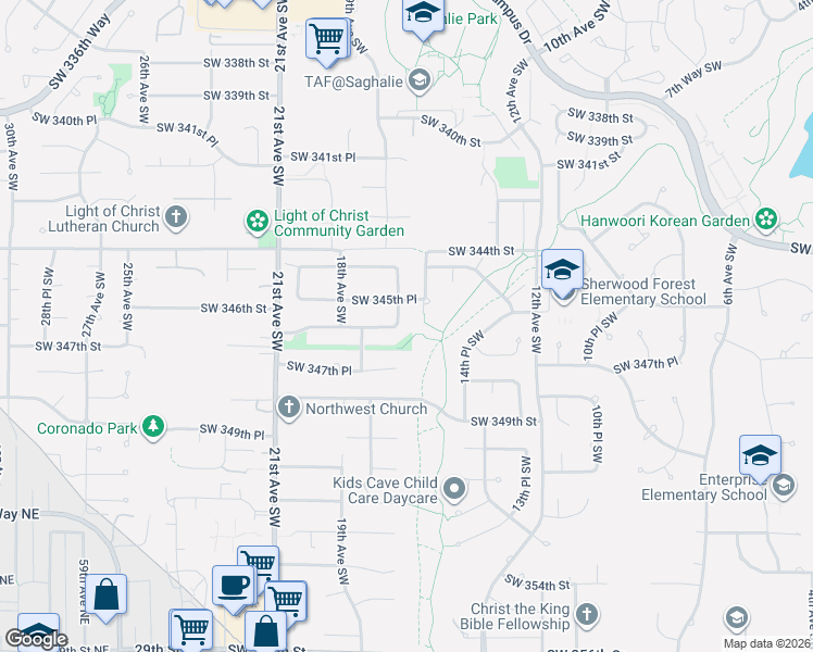 map of restaurants, bars, coffee shops, grocery stores, and more near 34516 16th Avenue Southwest in Federal Way