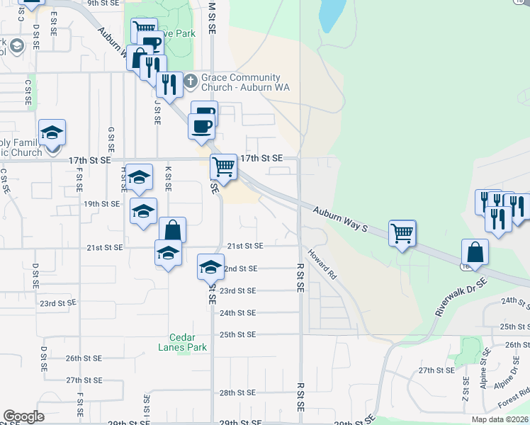 map of restaurants, bars, coffee shops, grocery stores, and more near 2034 Howard Road in Auburn
