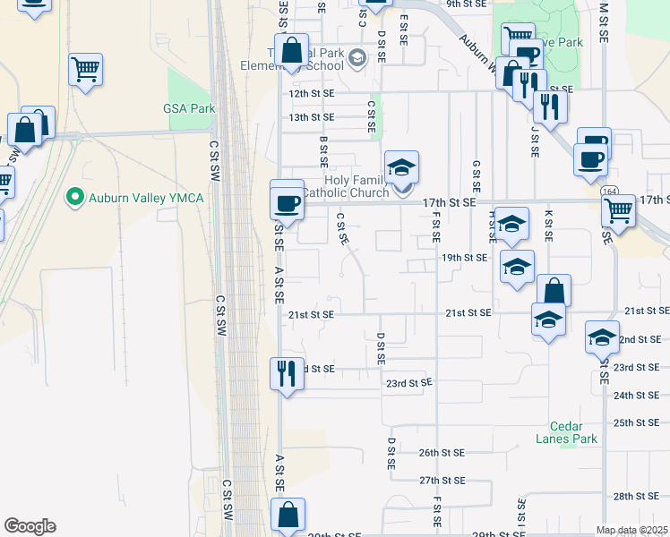 map of restaurants, bars, coffee shops, grocery stores, and more near 1815 C Street Southeast in Auburn
