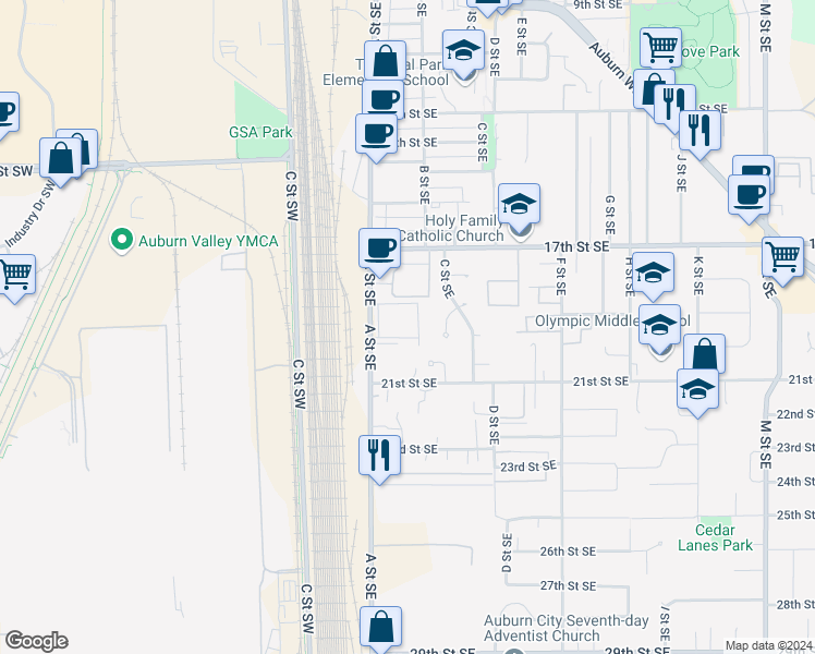map of restaurants, bars, coffee shops, grocery stores, and more near 1902 A Street Southeast in Auburn