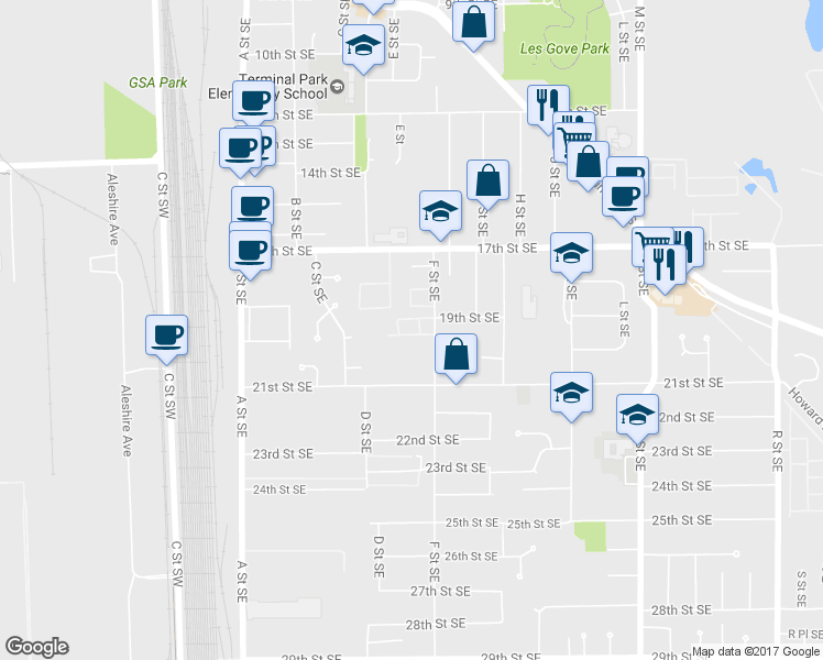 map of restaurants, bars, coffee shops, grocery stores, and more near 1835 F Street Southeast in Auburn