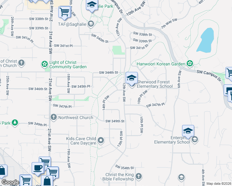map of restaurants, bars, coffee shops, grocery stores, and more near 34610 14th Place Southwest in Federal Way