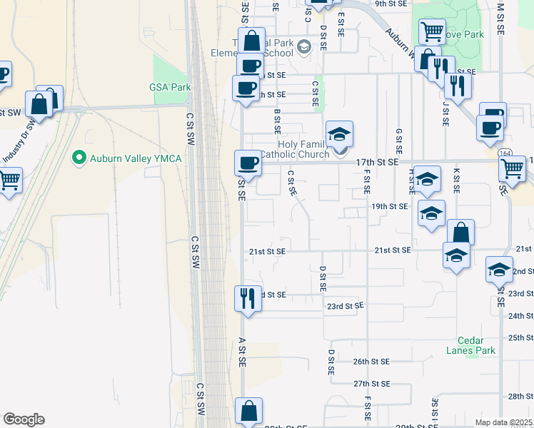 map of restaurants, bars, coffee shops, grocery stores, and more near 1902 A Street Southeast in Auburn