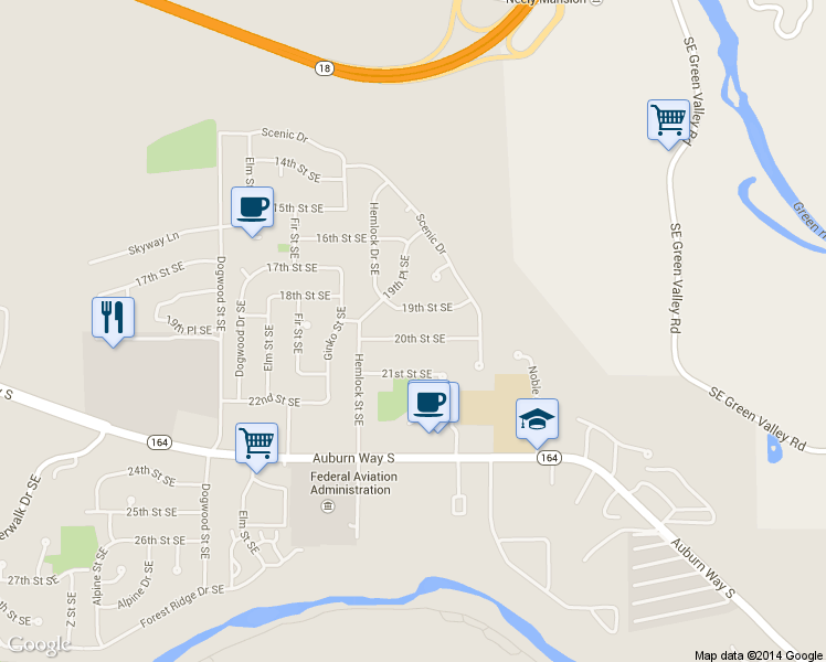 map of restaurants, bars, coffee shops, grocery stores, and more near 3350 19th Street Southeast in Auburn