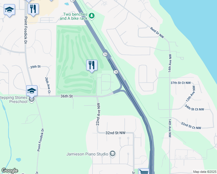 map of restaurants, bars, coffee shops, grocery stores, and more near 1924 38th Street Court Northwest in Gig Harbor