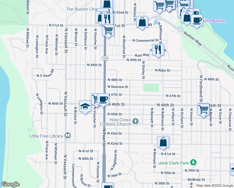 map of restaurants, bars, coffee shops, grocery stores, and more near 5625 North 47th Street in Tacoma