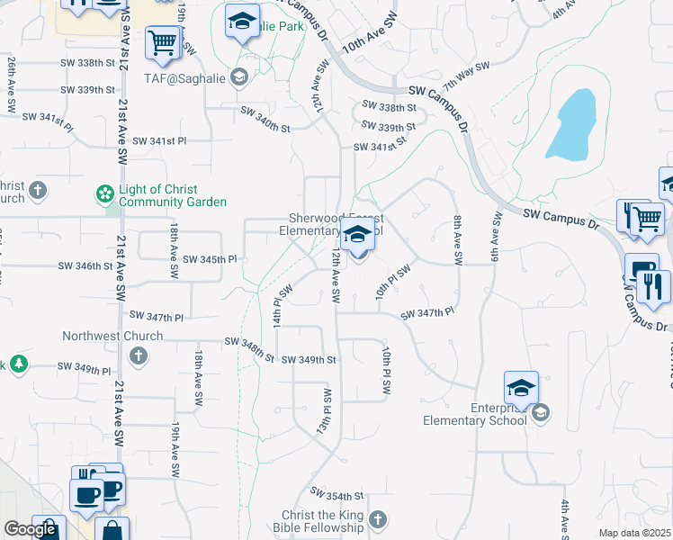 map of restaurants, bars, coffee shops, grocery stores, and more near 34600 12th Avenue Southwest in Federal Way