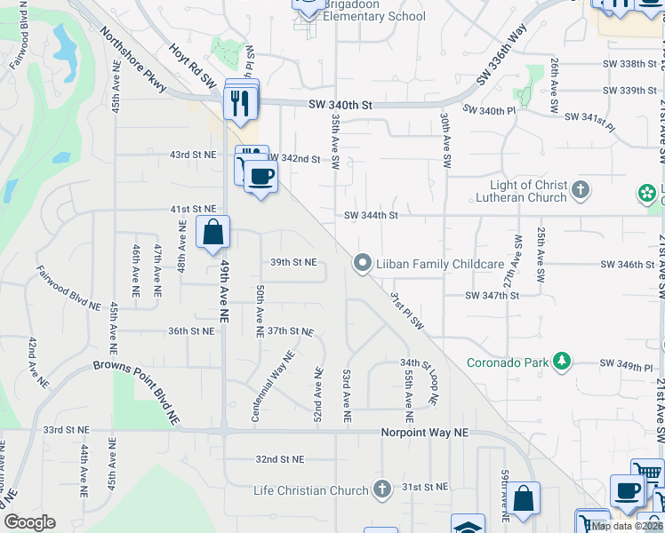map of restaurants, bars, coffee shops, grocery stores, and more near 5055 39th Street Northeast in Tacoma