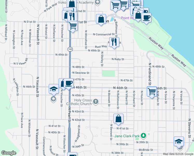 map of restaurants, bars, coffee shops, grocery stores, and more near 5509 North 47th Street in Tacoma