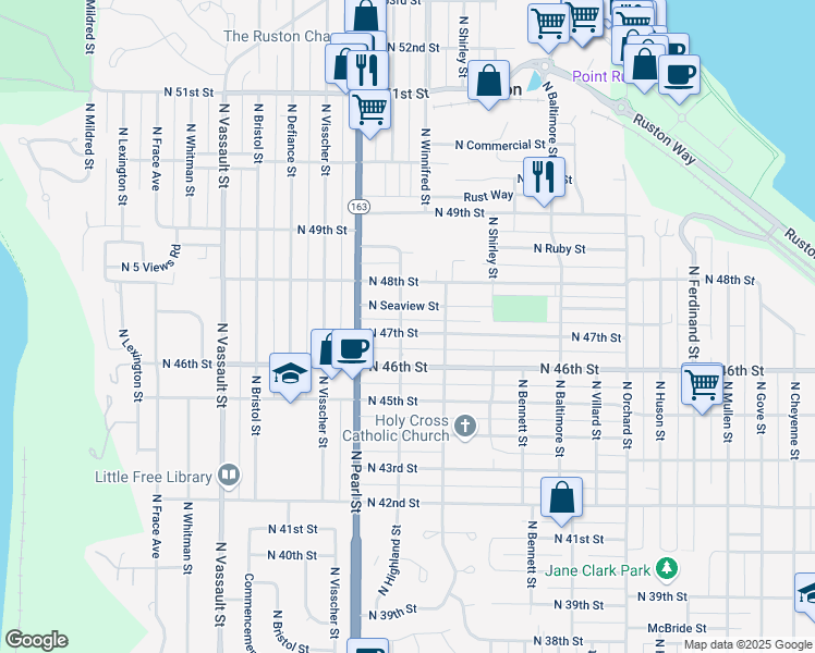 map of restaurants, bars, coffee shops, grocery stores, and more near 5625 North 47th Street in Tacoma