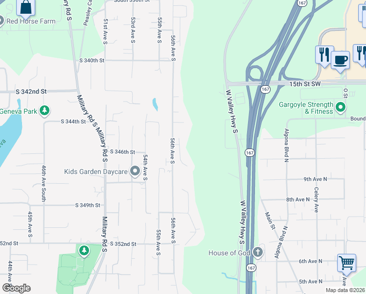 map of restaurants, bars, coffee shops, grocery stores, and more near 34580 57th Avenue South in Auburn