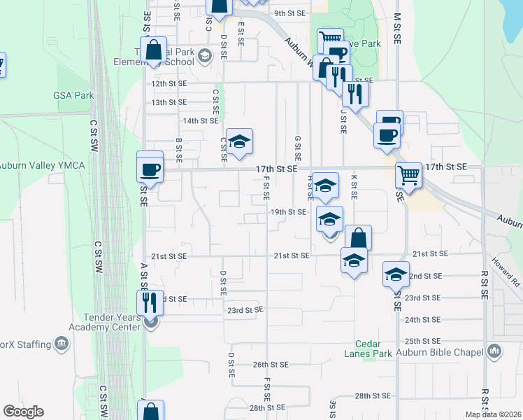 map of restaurants, bars, coffee shops, grocery stores, and more near 1837 F Street Southeast in Auburn