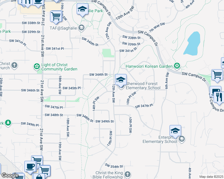 map of restaurants, bars, coffee shops, grocery stores, and more near 1204 Southwest 346th Street in Federal Way