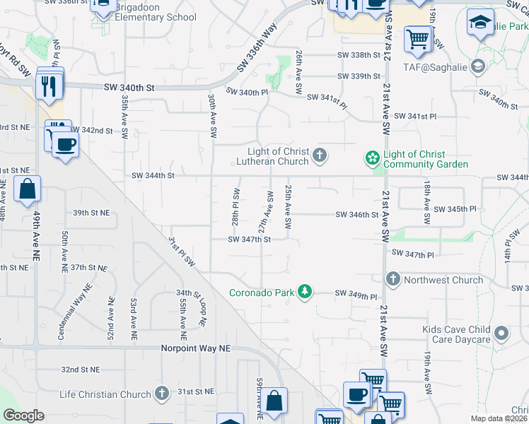 map of restaurants, bars, coffee shops, grocery stores, and more near 2701 Southwest 345th Court in Federal Way