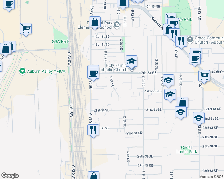 map of restaurants, bars, coffee shops, grocery stores, and more near 1815 C Street Southeast in Auburn