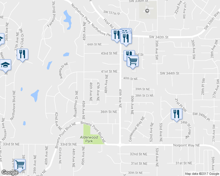 map of restaurants, bars, coffee shops, grocery stores, and more near 3907 48th Ave NE in Tacoma