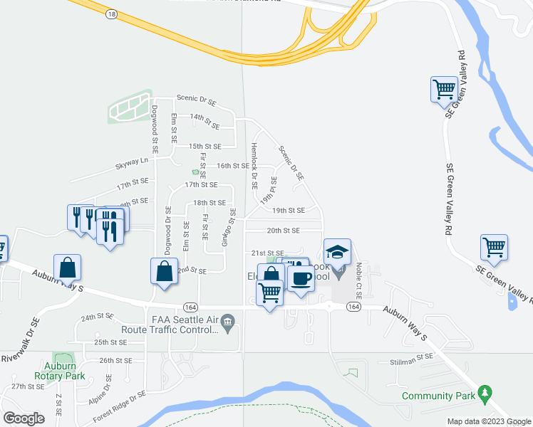 map of restaurants, bars, coffee shops, grocery stores, and more near 3240 19th Street Southeast in Auburn