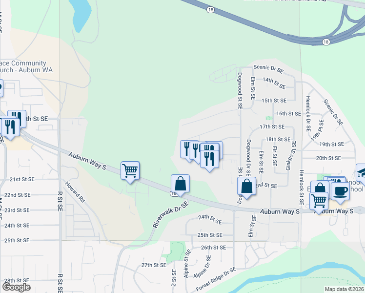 map of restaurants, bars, coffee shops, grocery stores, and more near 2410 17th Drive Southeast in Auburn
