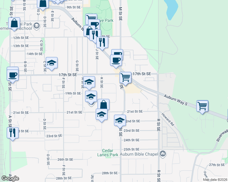 map of restaurants, bars, coffee shops, grocery stores, and more near 1840 L Street Southeast in Auburn