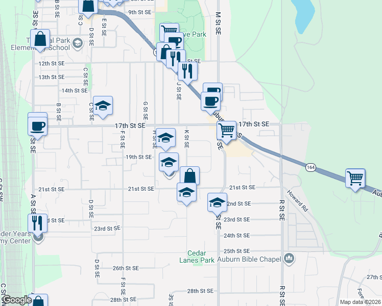 map of restaurants, bars, coffee shops, grocery stores, and more near 1001 19th Street Southeast in Auburn