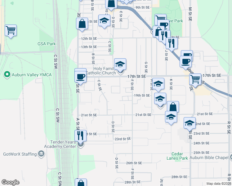 map of restaurants, bars, coffee shops, grocery stores, and more near 1919 20th Street Southeast in Auburn