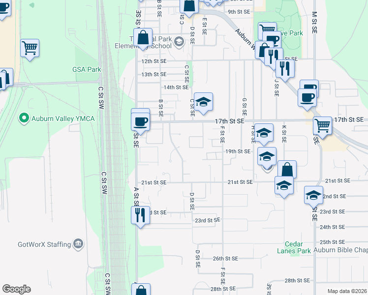 map of restaurants, bars, coffee shops, grocery stores, and more near 1818 C Street Southeast in Auburn