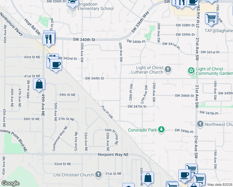 map of restaurants, bars, coffee shops, grocery stores, and more near 34500 30th Avenue Southwest in Federal Way