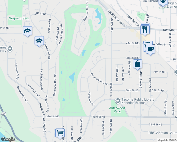 map of restaurants, bars, coffee shops, grocery stores, and more near 4011 Fairwood Boulevard Northeast in Tacoma