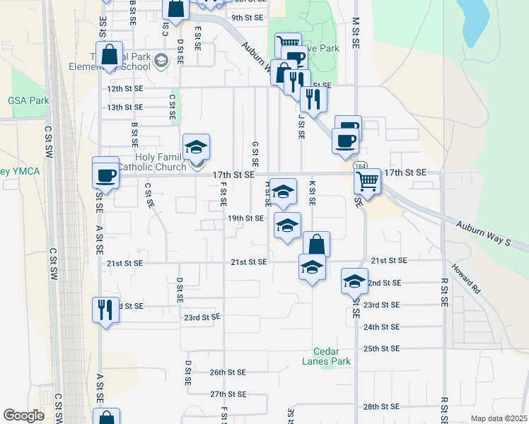 map of restaurants, bars, coffee shops, grocery stores, and more near 721 19th St SE in Auburn