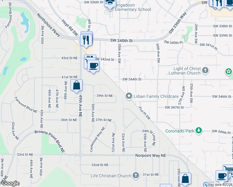 map of restaurants, bars, coffee shops, grocery stores, and more near 5055 39th Street Northeast in Tacoma