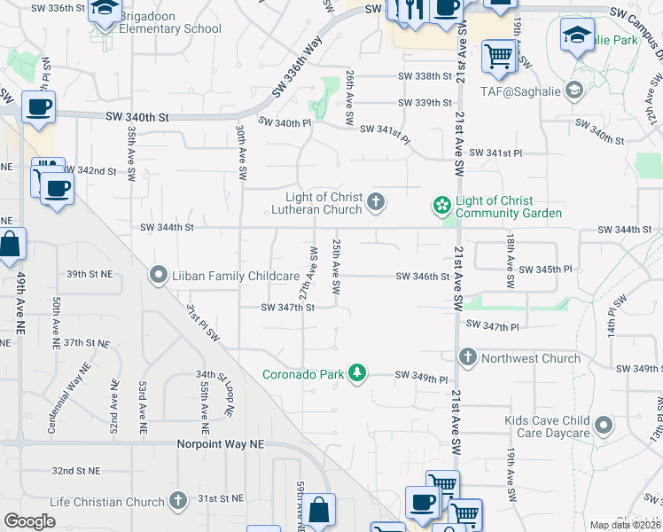 map of restaurants, bars, coffee shops, grocery stores, and more near 34515 25th Avenue Southwest in Federal Way