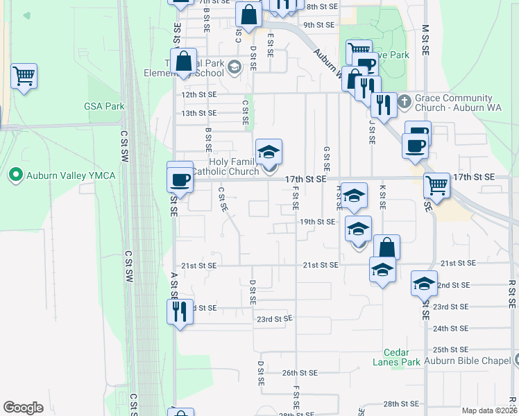map of restaurants, bars, coffee shops, grocery stores, and more near 1919 20th Street Southeast in Auburn