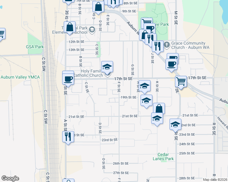 map of restaurants, bars, coffee shops, grocery stores, and more near 1811 F Street Southeast in Auburn