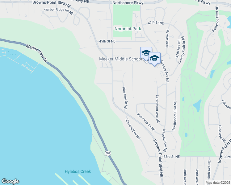 map of restaurants, bars, coffee shops, grocery stores, and more near 2131 Browns Point Boulevard in Tacoma