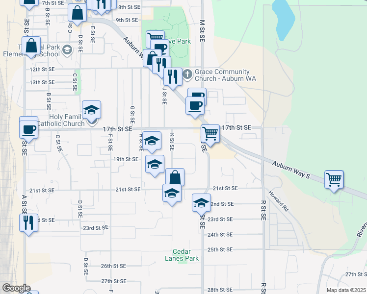 map of restaurants, bars, coffee shops, grocery stores, and more near 1012 18th Street Southeast in Auburn