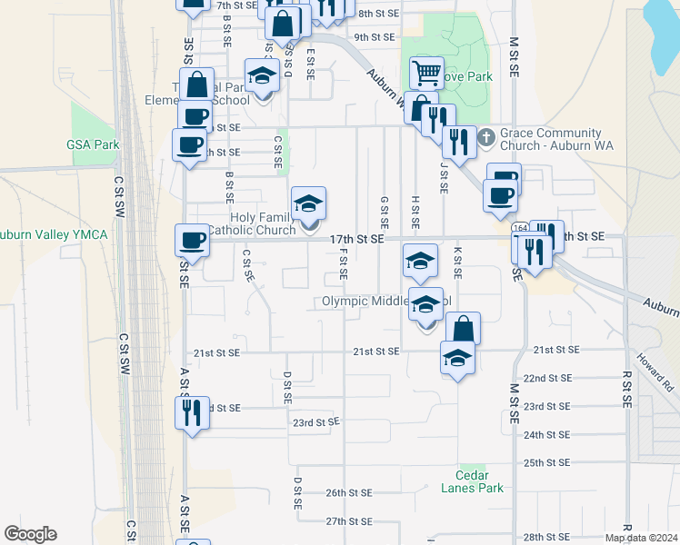 map of restaurants, bars, coffee shops, grocery stores, and more near 1835 F Street Southeast in Auburn