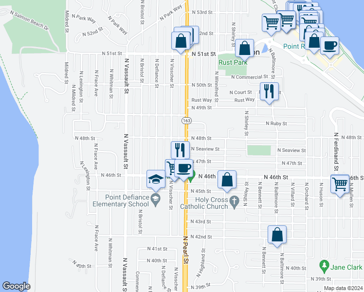 map of restaurants, bars, coffee shops, grocery stores, and more near 4709 North Pearl Street in Tacoma