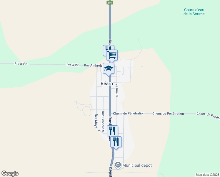 map of restaurants, bars, coffee shops, grocery stores, and more near Québec 391 in Béarn