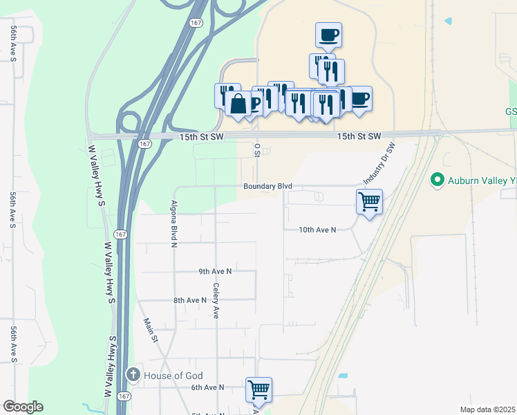 map of restaurants, bars, coffee shops, grocery stores, and more near 2280 12th Avenue North in Auburn
