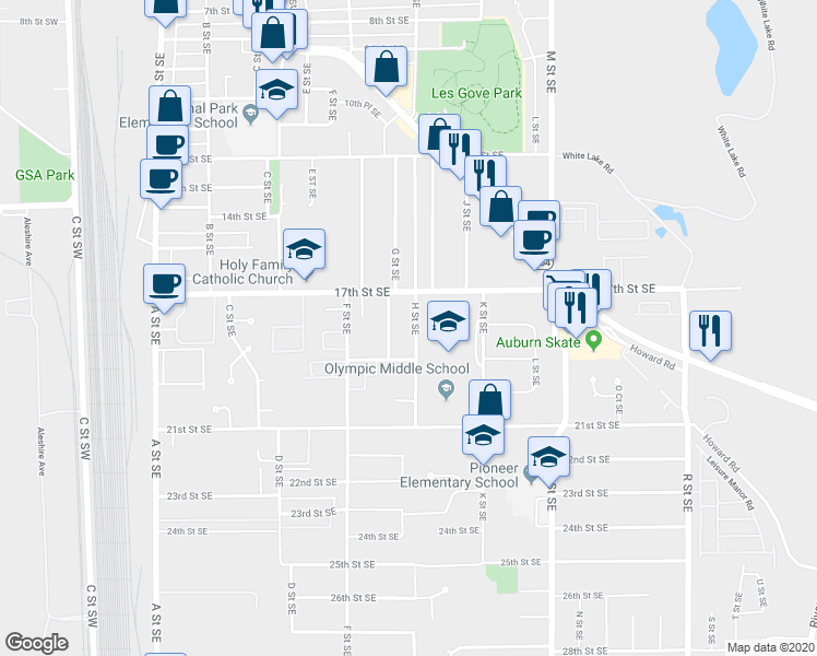 map of restaurants, bars, coffee shops, grocery stores, and more near 721 19th Street Southeast in Auburn