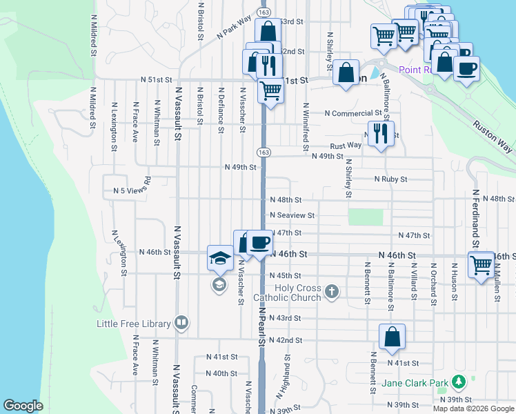 map of restaurants, bars, coffee shops, grocery stores, and more near 4805 Washington 163 in Tacoma