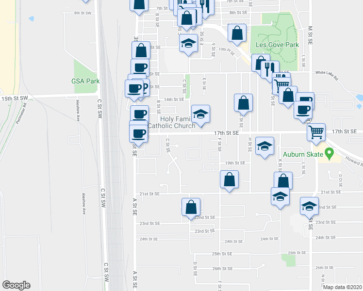 map of restaurants, bars, coffee shops, grocery stores, and more near 320 17th Street Southeast in Auburn