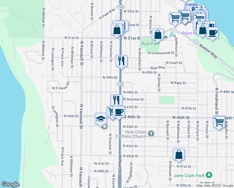 map of restaurants, bars, coffee shops, grocery stores, and more near 4805 Washington 163 in Tacoma