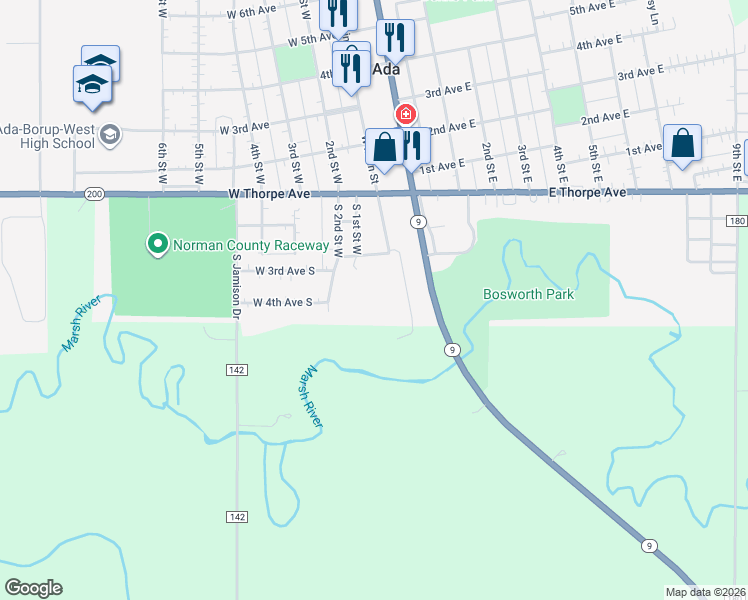 map of restaurants, bars, coffee shops, grocery stores, and more near 109 West 2nd Avenue South in Ada