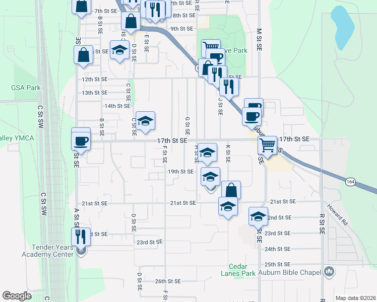 map of restaurants, bars, coffee shops, grocery stores, and more near 604 17th Street Southeast in Auburn
